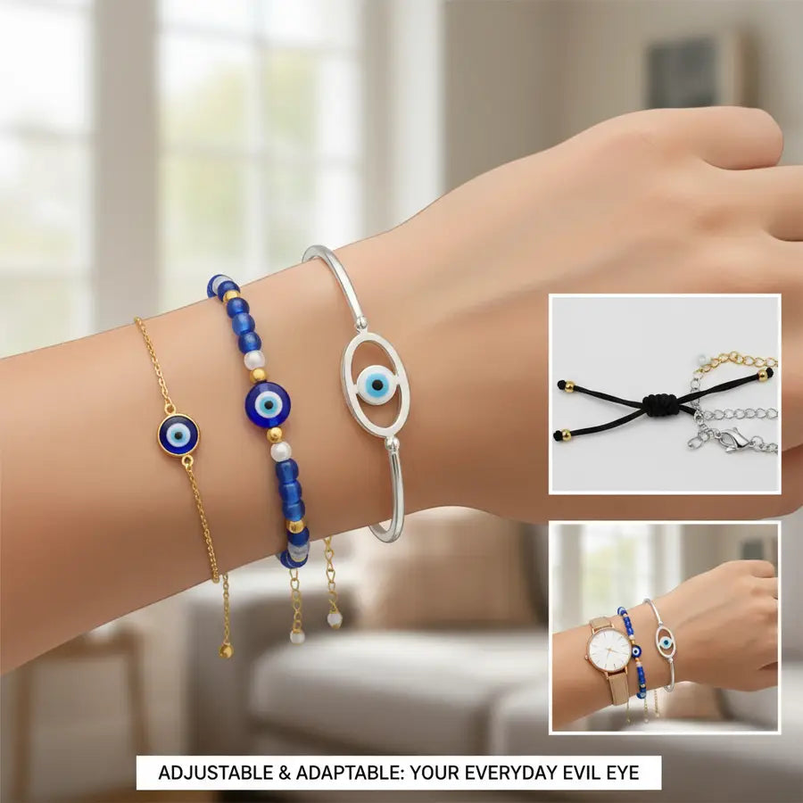 Chain, beaded, and cuff evil eye bracelets shown side by side for everyday wear comparison