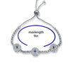 Silver tone three-eye bracelet with a circular guide labeled "maxlength 9in"