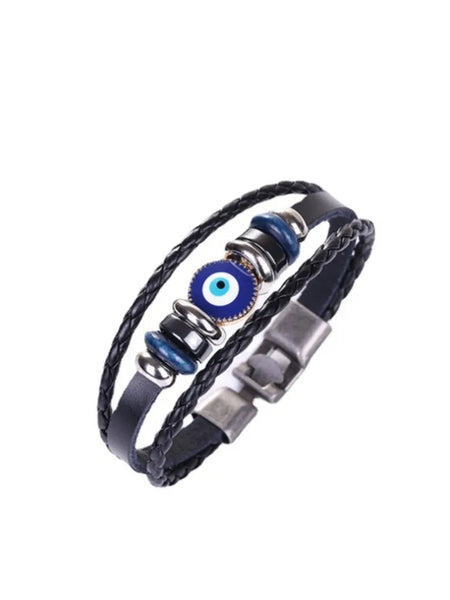 Black bracelet with twin braided strands, a round blue evil eye centerpiece and a hook-and-slot clasp on a white background.