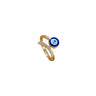 Gold tone blue evil eye ring shown at an angle against a white background