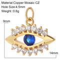 Open eye charm with a blue faceted center and clear round accents above and below, shown with measurement annotations