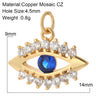 Open eye charm with a blue faceted center and clear round accents above and below, shown with measurement annotations