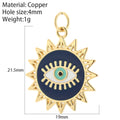 Sunburst evil eye charm with a navy blue face, turquoise center and gold tone rays, shown with measurement annotations