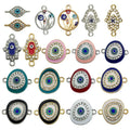 Collage of oval eye, almond eye, Hamsa and floral connector charms in gold tone and silver tone.
