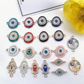 Colorful oval eye connectors with Hamsa, almond eye and floral circle designs beside a yellow flower.