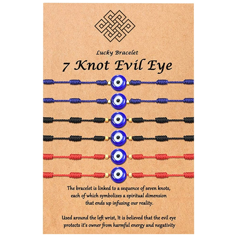 Six blue eye bracelets with two blue, two black and two red knotted cords