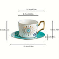 Dimension diagram of the floral eye cup and turquoise saucer with horizontal and vertical measurement annotations