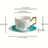 Dimension diagram of the floral eye cup and turquoise saucer with horizontal and vertical measurement annotations