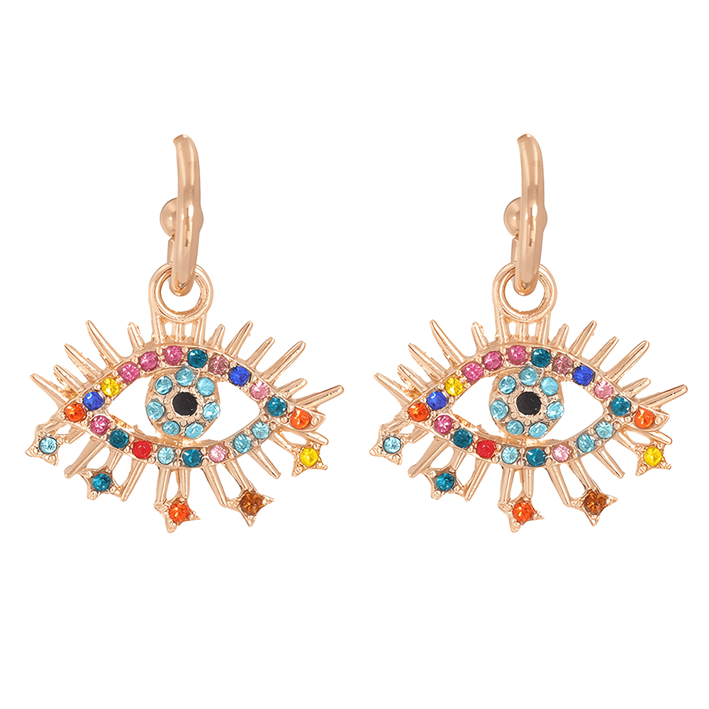 Gold tone eye drop earrings with multicolored borders, turquoise-colored centers, pointed lashes and star-shaped lower tips.