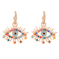 Gold tone eye drop earrings with multicolored borders, turquoise-colored centers, pointed lashes and star-shaped lower tips.