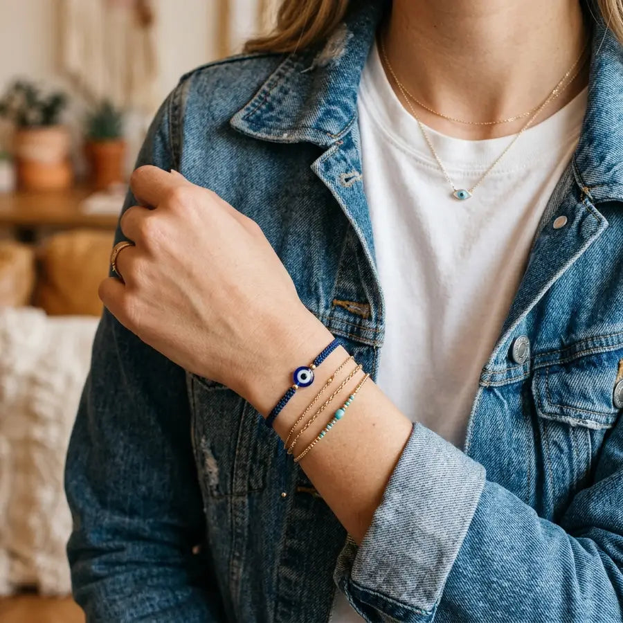 A slim evil eye bracelet and tiny pendant worn with denim and a plain tee, showing an easy everyday fit.