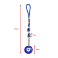Blue cord loop with two eye beads and a round blue eye pendant, shown with measurement arrows