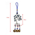 Tree hanging with a blue cord loop, blue eye motifs and three gold tone bells, shown with measurement arrows