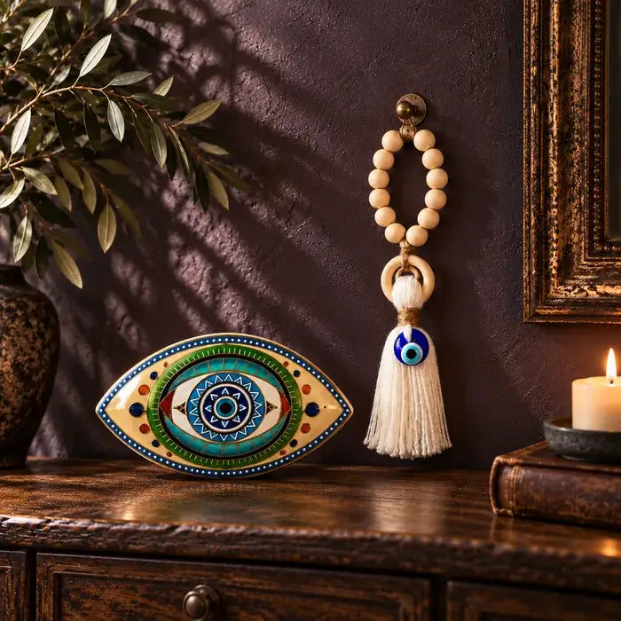 Painted evil eye ornament and cream beaded wall hanging beside candles