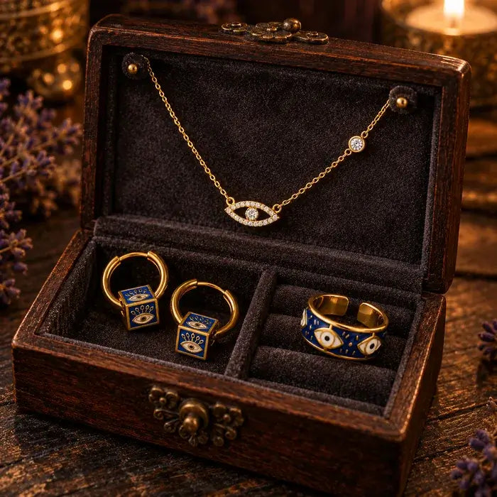 Gold tone evil eye necklace, blue cube hoop earrings and navy ring in a wooden jewellery box