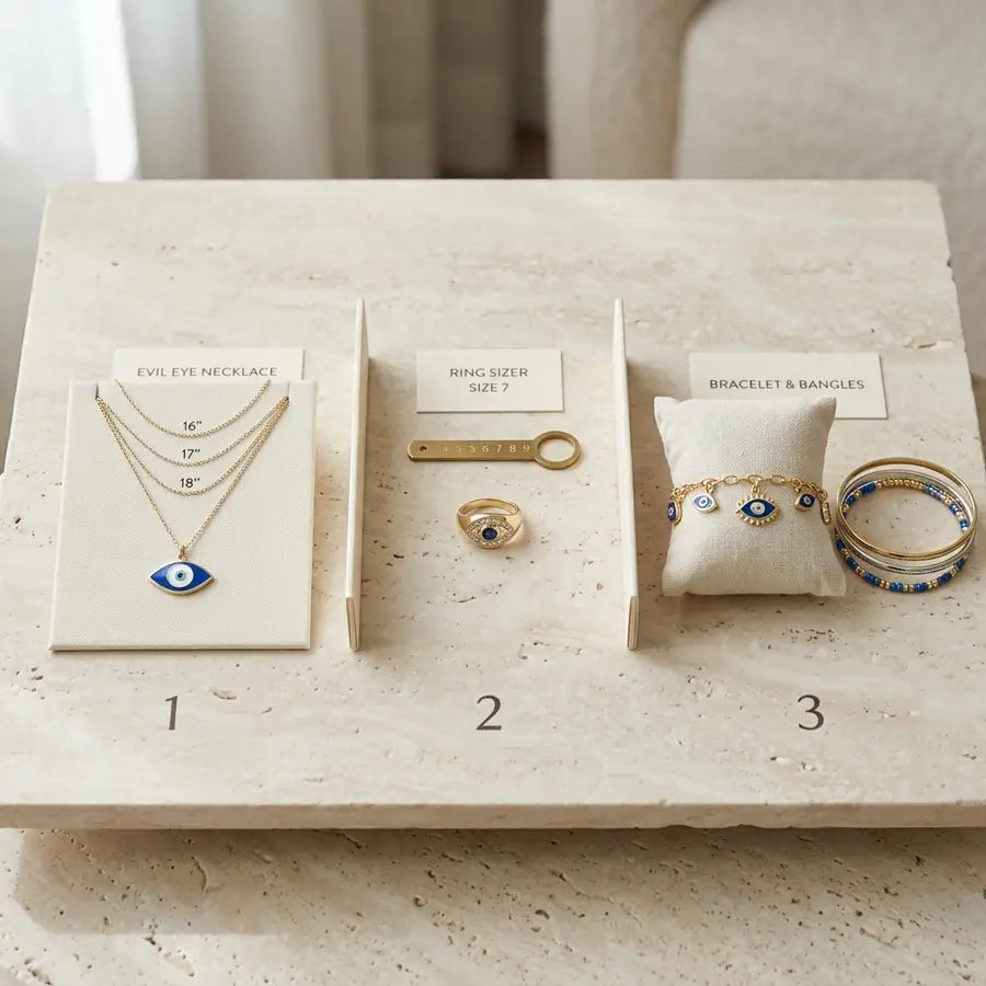 Evil eye necklace, ring, bracelet, and bangles arranged with chain length and ring sizing guides.