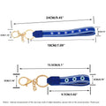 Diagram of two royal blue evil eye loop keychains with separate length and width annotations.