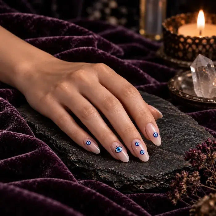 Nude almond nails with blue evil eye nail art on dark slate and plum velvet