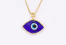 Dark blue eye-shaped pendant with a blue and white center and gold tone border and chain against a white background.