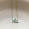 White marquise evil eye pendant on a gold tone chain, shown with an 8 × 16 mm annotation.