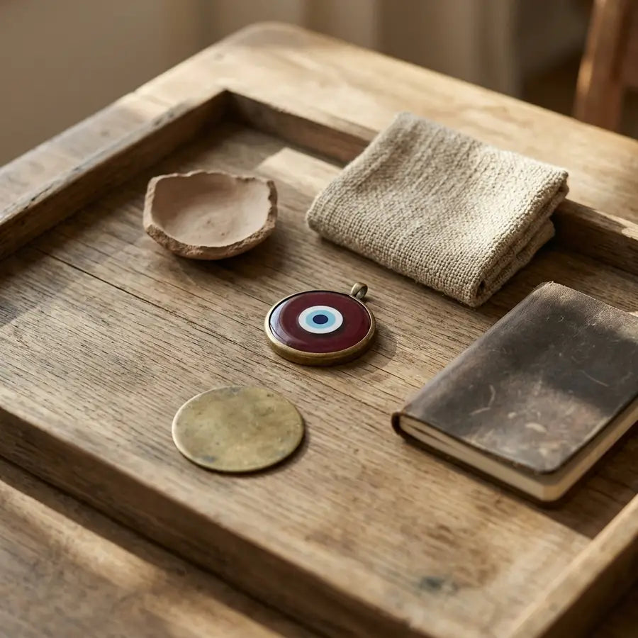 Maroon evil eye charm centered among aged wood, woven textile, clay, brass, and a closed notebook.