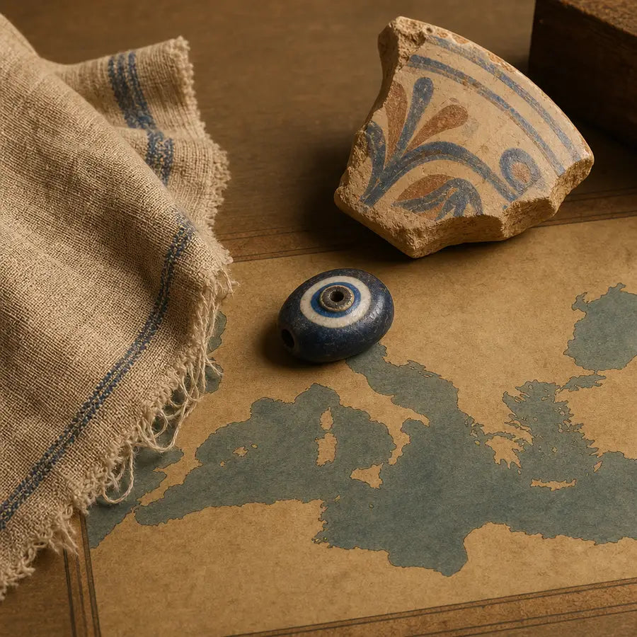 Ancient-inspired eye bead, ceramic fragment, linen textile, and muted Mediterranean map-like surface arranged as origin clues