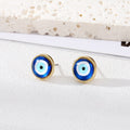 Pair of blue evil eye stud earrings with gold tone rims
