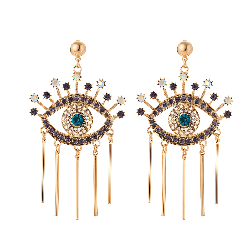 Gold tone evil eye earrings with purple outlines, teal-colored centers, radiating upper lashes and five hanging bars on each earring.