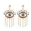 Gold tone evil eye earrings with purple outlines, teal-colored centers, radiating upper lashes and five hanging bars on each earring.