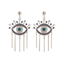 Silver tone evil eye earrings with purple outlines, teal-colored centers, radiating upper lashes and five hanging bars on each earring.