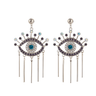 Silver tone evil eye earrings with purple outlines, teal-colored centers, radiating upper lashes and five hanging bars on each earring.