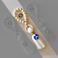White evil eye tassel with a tan wrap and pale beaded loop, highlighted as Style B