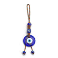 Round blue evil eye hanging on multicolored braided cord with cube and round eye beads and two lower ends