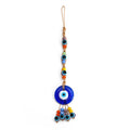 Round blue evil eye hanging with colorful upper beads and four multicolored beaded fringe strands