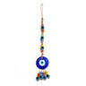 Round blue evil eye hanging with colorful upper beads and four multicolored beaded fringe strands