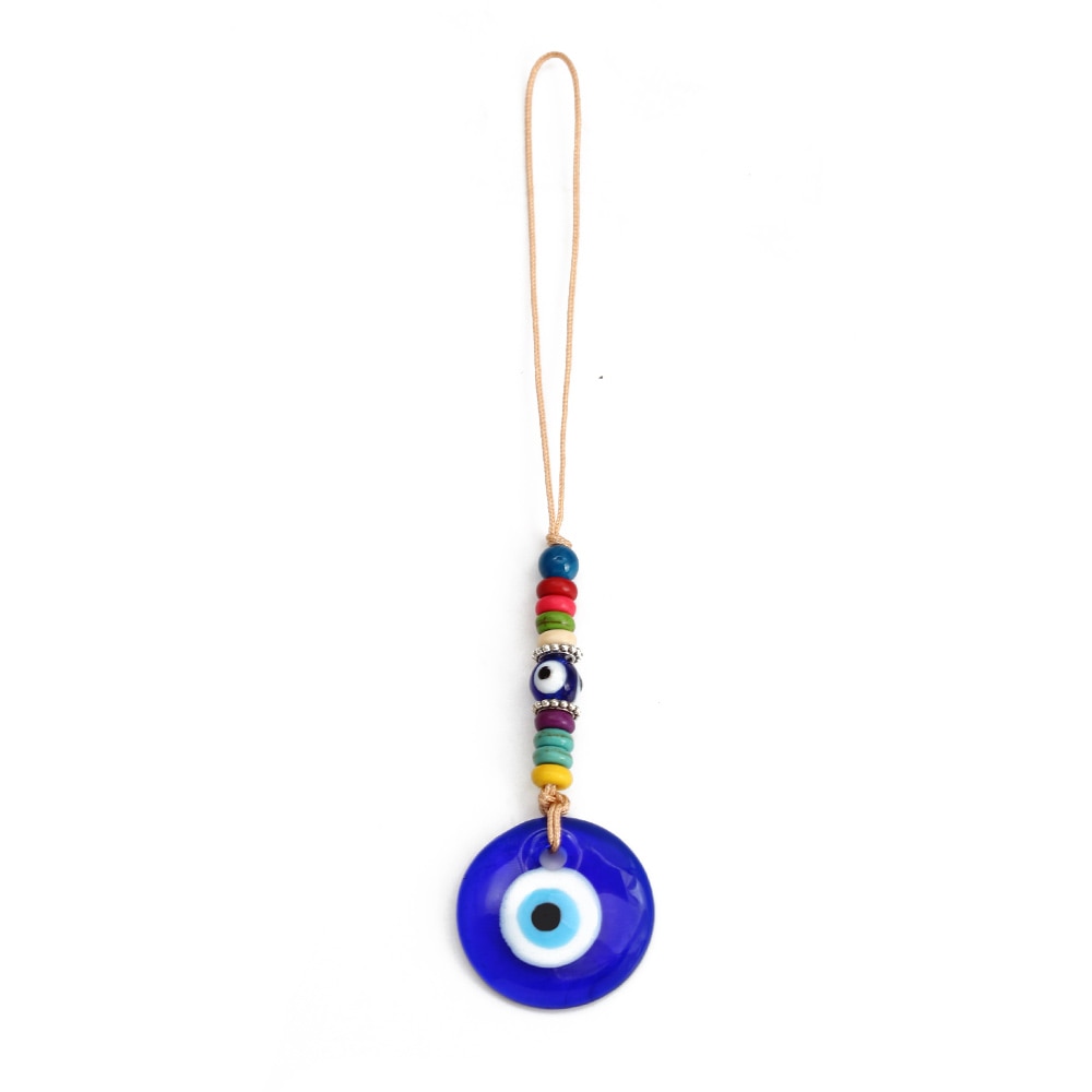Round blue evil eye pendant with multicolored disc beads around a central blue eye bead on tan cord