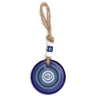 Blue evil eye wall hanging with a horizontal eye inside concentric patterned rings and a beaded rope loop