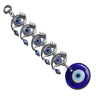 Diagonal view of five linked silver tone eye motifs with blue side beads and a round blue pendant