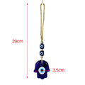 Blue Hamsa evil eye pendant with two cube eye beads, silver tone spacers and a cord loop, shown with dimension arrows