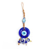 Round blue evil eye hanging with a turquoise upper eye and four lower drops with brown, blue, clear and yellow cubes