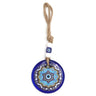 Blue evil eye wall hanging with a turquoise scalloped mandala, repeated small eye motifs and a beaded rope loop