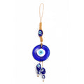 Round blue evil eye hanging with one oval eye above and two oval eye drops below on tan cord