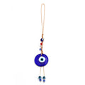 Round blue evil eye hanging with red, clear and blue side beads and two lower eye bead drops