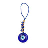 Round blue evil eye pendant on blue cord with tan wraps and four small eye beads along one side
