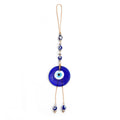 Round blue evil eye hanging with three upper eye beads, silver tone spacers and two beaded drops
