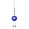 Round blue evil eye hanging with three upper eye beads, silver tone spacers and two beaded drops