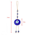 Silver tone spacer and twin drop hanging diagram labeled 210 mm overall and 40 mm at the round blue pendant