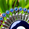 Close view of small blue eye motifs, connecting rings and raised dots on the silver tone border