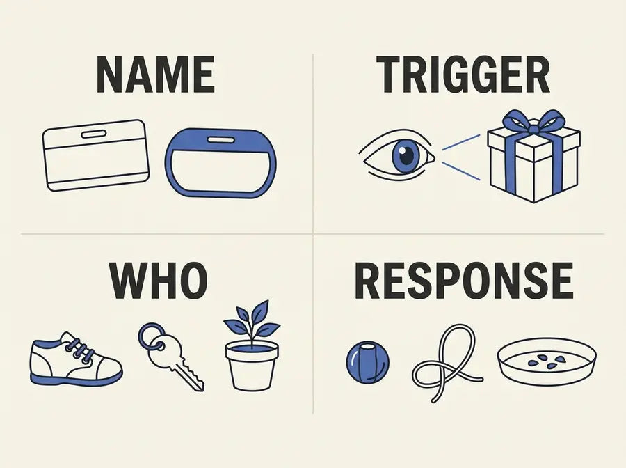 Four labeled panels read Name, Trigger, Who, and Response above simple comparison objects