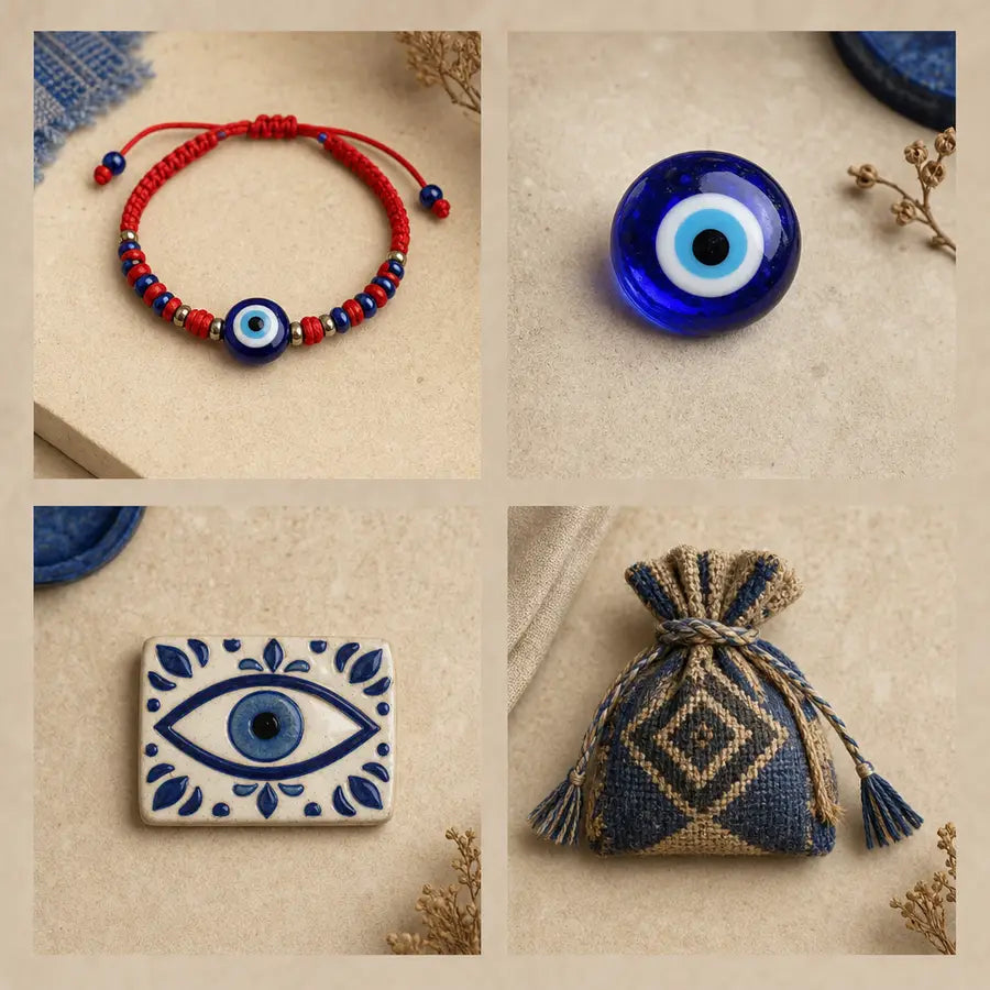 Four separated protective-symbol settings including a mal de ojo bracelet, blue glass bead, ceramic eye tile, and woven pouch